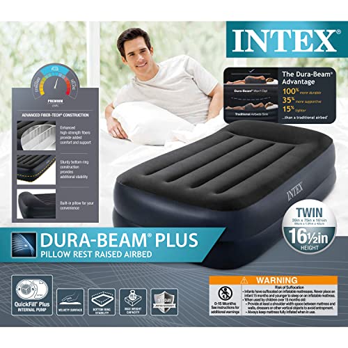 Intex 64121ED Dura-Beam Plus Pillow Rest Air Mattress: Fiber-Tech – Twin Size – Built-in Electric Pump – 16.5in Bed Height – 300lb Weight Capacity