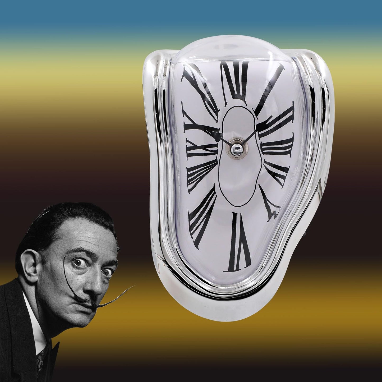 FAREVER Melting Clock, Salvador Dali Watch Melted Clock for Decorative Home Office Shelf Desk Table Funny Creative Gift, Rome Silver