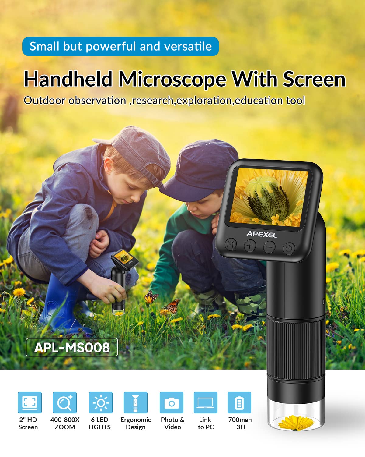 Handheld Digital Microscope, 800X HD Digital Microscope for Adults, with 2" LCD Screen Pocket Microscope for Kids, USB Lab Handheld Digital Microscopes Equipment, with 32GB SD Card