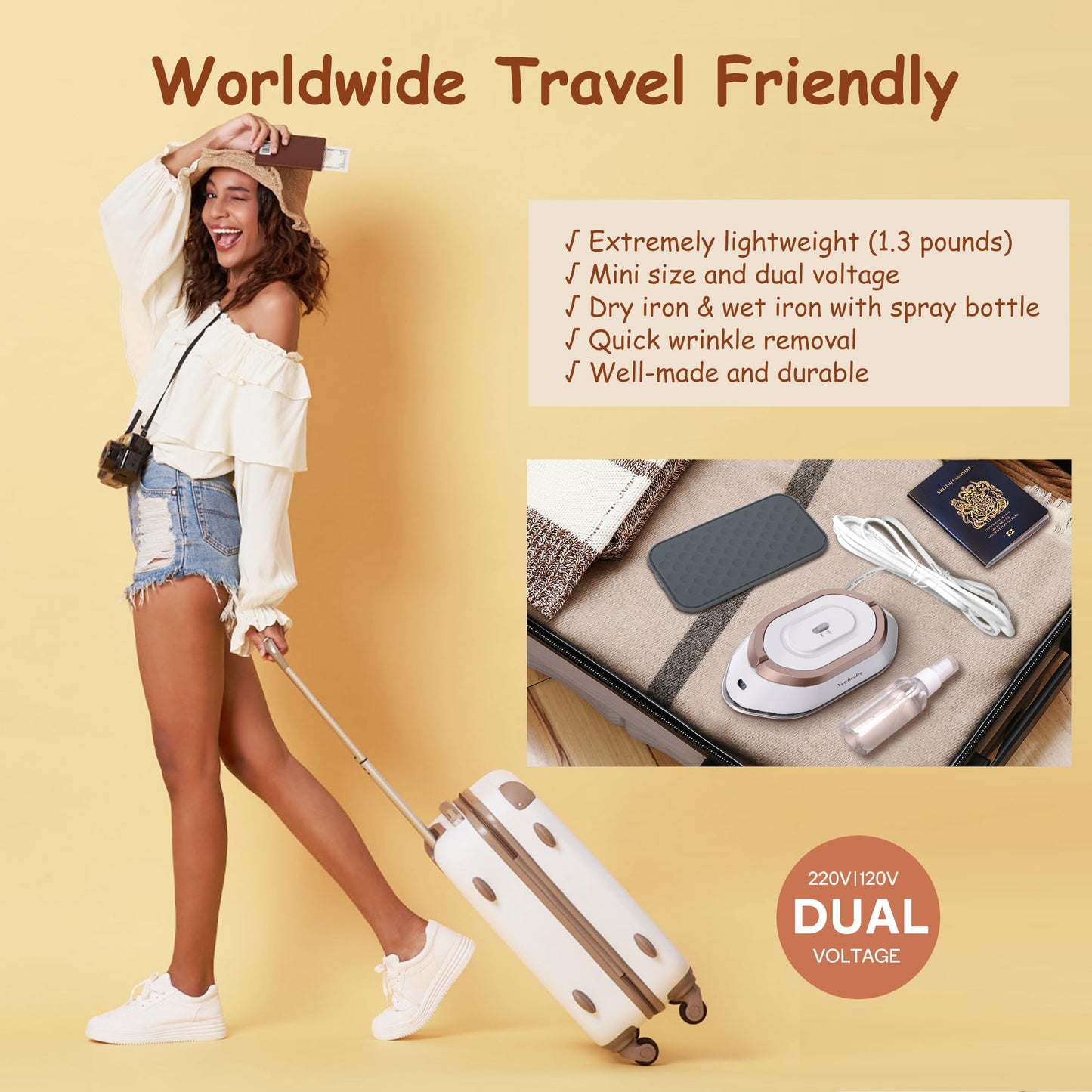 Newbealer Travel Iron with Dual Voltage - 120V/220V Mini Dry Iron for Clothes (No Steam), Non-Stick Ceramic Soleplate, 302℉ Heat Press Machine for Quilting & Sewing, 0.95lbs Lightly (Gold)