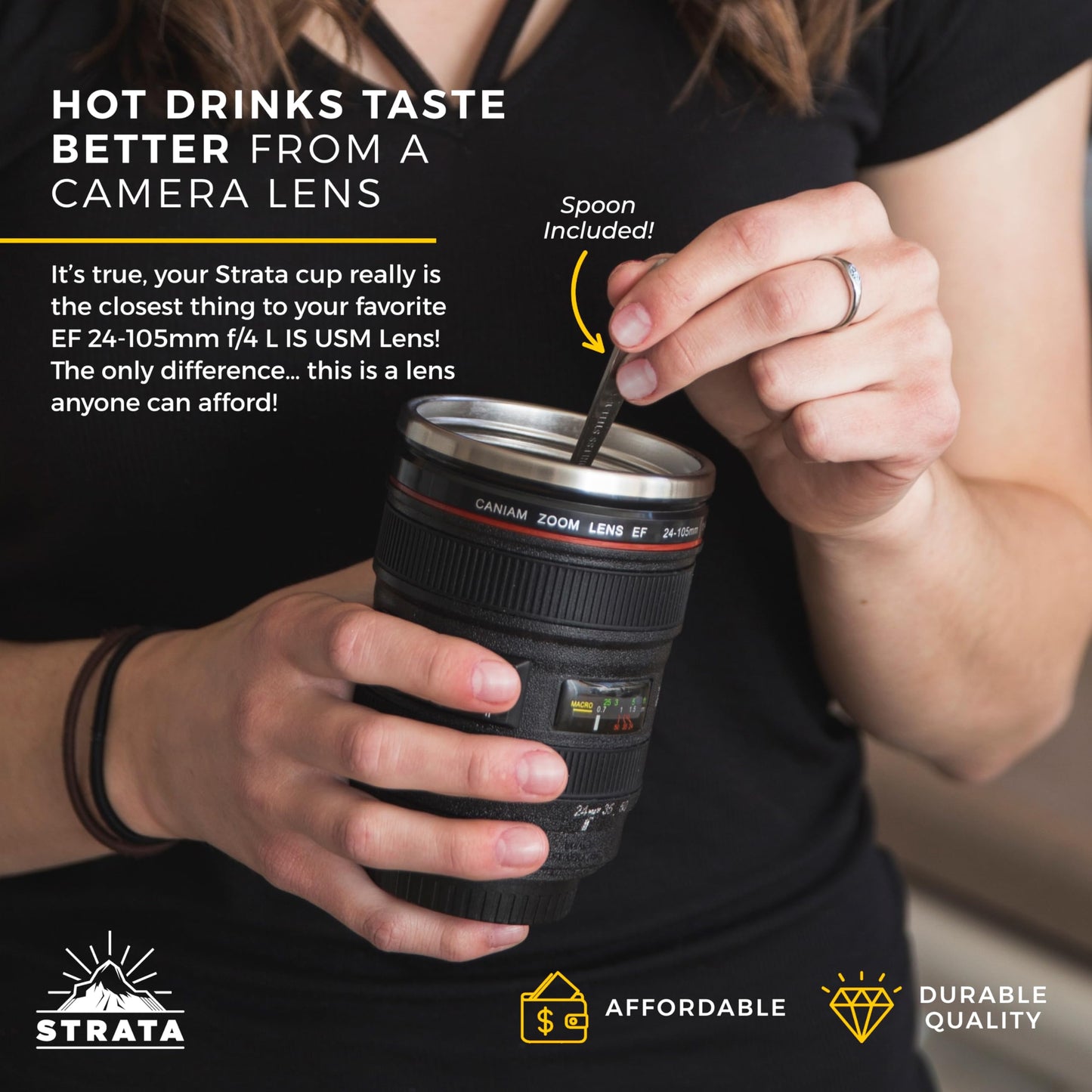 STRATA CUPS Camera Lens Coffee Mug -13.5oz | (2 LIDS + SPOON + BAG) Gifts for Him, Dad Gifts, Photography, Camera accessories, Novelty Gifts, Gifts for Him