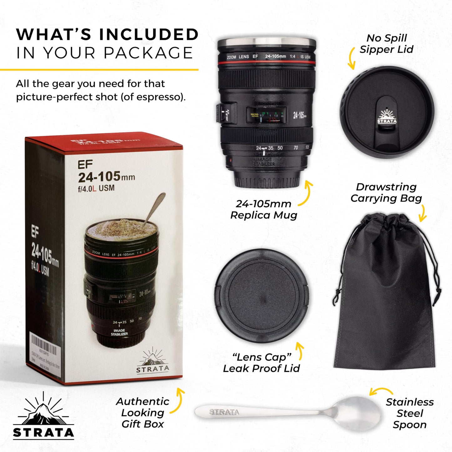 STRATA CUPS Camera Lens Coffee Mug -13.5oz | (2 LIDS + SPOON + BAG) Gifts for Him, Dad Gifts, Photography, Camera accessories, Novelty Gifts, Gifts for Him