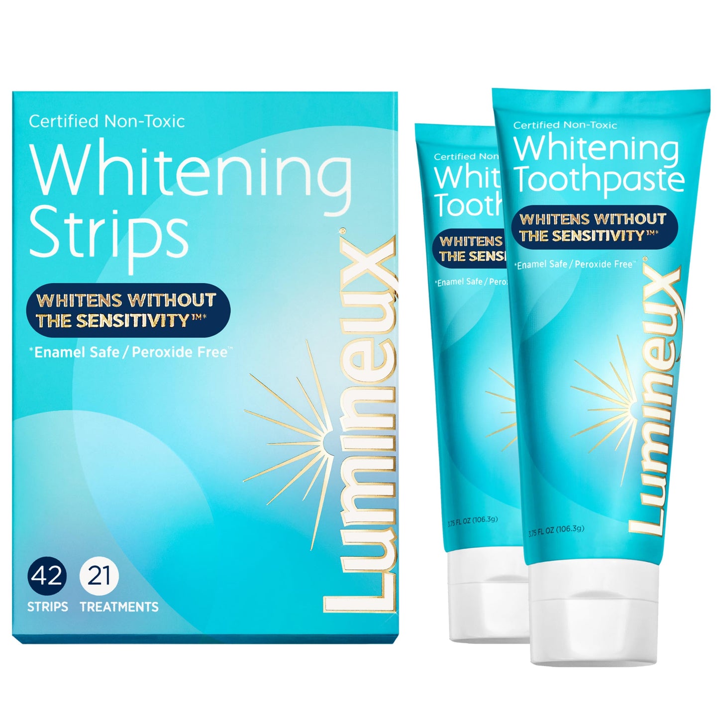 Lumineux Whitening Duo Set – Peroxide Free - Enamel Safe for Whiter Teeth – Includes 21 Whitening Treatments & 2 Pack Whitening Toothpaste Certified Non-Toxic, Fluoride Free & Dentist Formulated