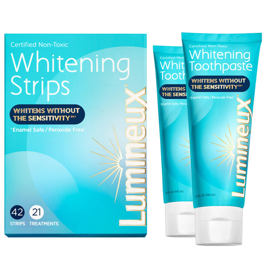 Lumineux Whitening Duo Set – Peroxide Free - Enamel Safe for Whiter Teeth – Includes 21 Whitening Treatments & 2 Pack Whitening Toothpaste Certified Non-Toxic, Fluoride Free & Dentist Formulated