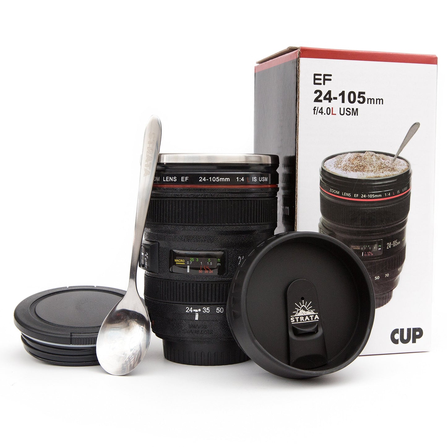 STRATA CUPS Camera Lens Coffee Mug -13.5oz | (2 LIDS + SPOON + BAG) Gifts for Him, Dad Gifts, Photography, Camera accessories, Novelty Gifts, Gifts for Him